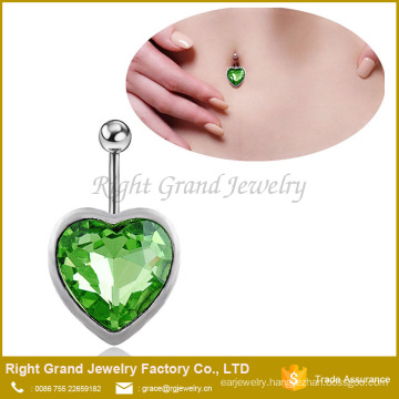 36L Surgical Stainless Steel Big Heart Green Zircon Navel Belly Button Rings